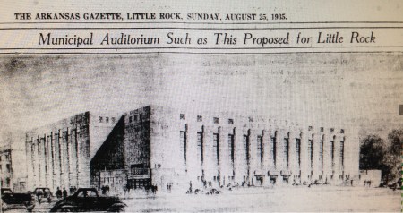 An August 25, 1935, rendering in the ARKANSAS GAZETTE of the proposed Little Rock auditorium at Capitol and Scott Streets.
