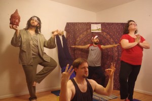 Members of the cast rehearse “Free Yoga” a sketch for Red Octopus Theater’s upcoming Summer Oven sketch comedy show.